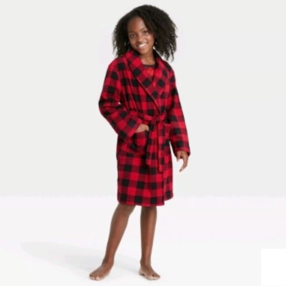 Kids Robe w/ Sash & Pockets Red & Black Buffalo Plaid Fleece Unisex - Picture 1 of 5